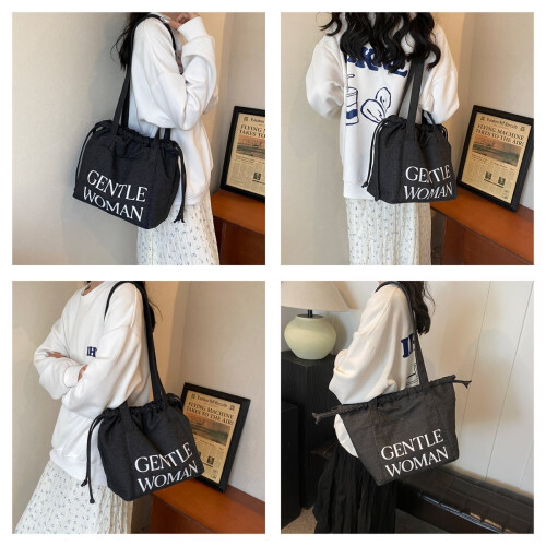 Borsa tote da donna in denim nero con coulisse 1
