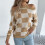 Maglione da donna a quadri con spalle scoperte e maniche a lanterna, 5