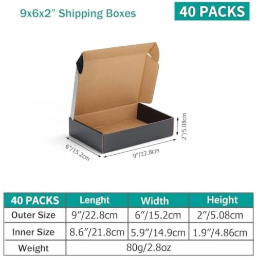 Caixas de papelão pretas para envio, 9x6x2 polegadas, pacote com 40 unidades 1