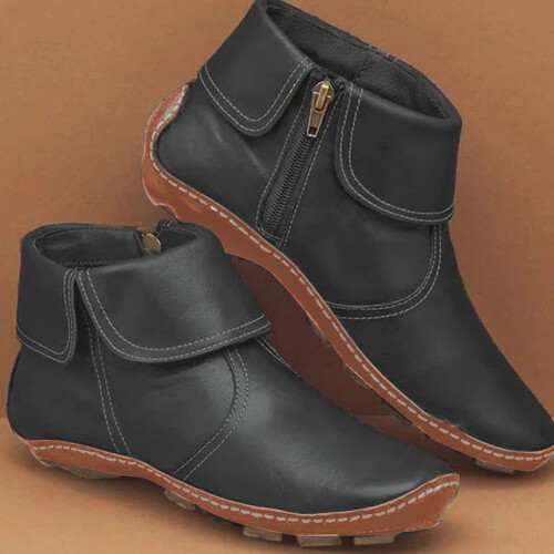 Botas curtas femininas de couro com zíper lateral 2