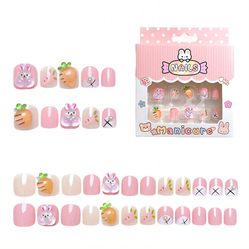 Kids Press-on Nails Rabbit Carrot Design 24 Pieces