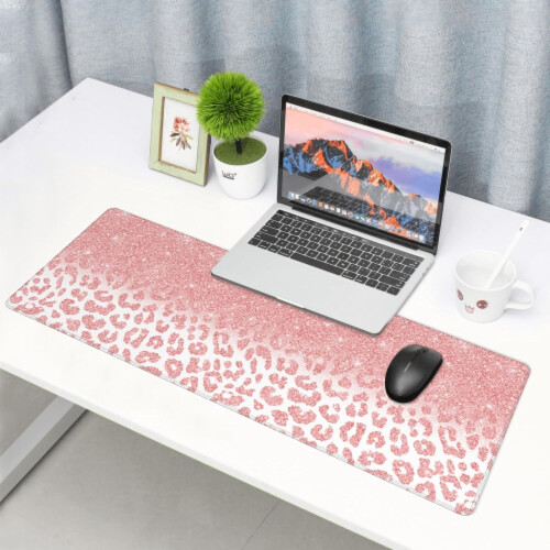 Mousepad gamer tamanho XL (31,5 x 11,8 polegadas) com estampa de leopardo rosa e dourado. 1