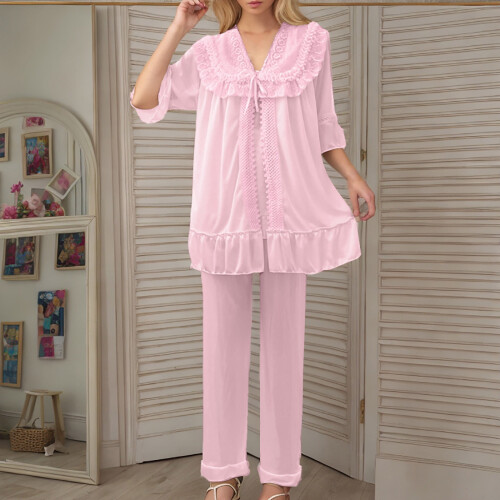 Dame silke satin pyjamassæt blødt og let nattøj 1