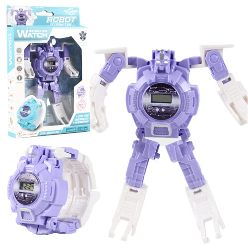 Purple electronic deformation watch with digital display