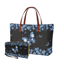 Floral Butterfly Print Handbag with Matching Wallet for Women – Waterproof Satchel, Top Handle, Card Holder, Compatible with Business Tours