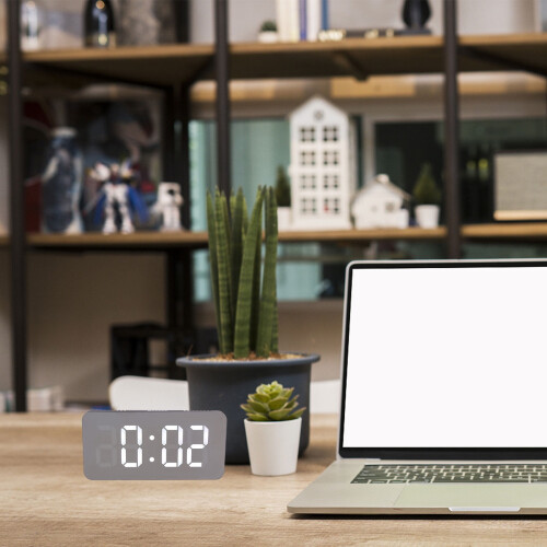 LED Mirror Clock Grey Desktop Set with Stable Base 2