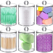 6-Pack Qtip Holder Set, Apothecary Jars with Lids for Cotton Swabs, Balls, Pads, Floss Picks – 10oz–12oz Clear Plastic Canisters