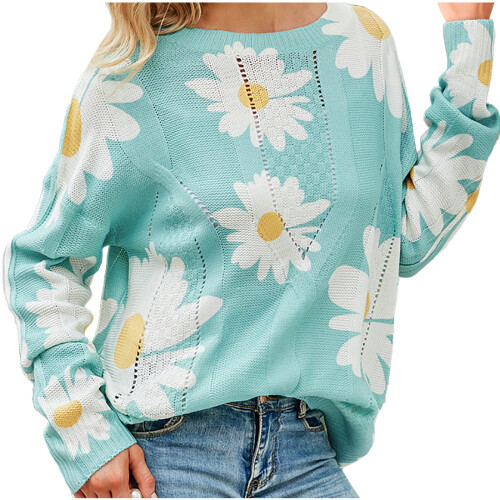 Dame oversized pullover med grønt margueritprint 1