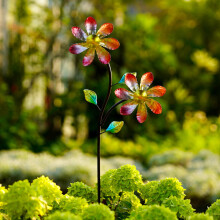 94 cm hoge metalen tuinpaal met windmolen en kleurrijke bloemen