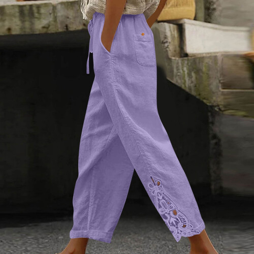 Calça feminina de linho e algodão, pernas largas, cintura alta e elástico. 1