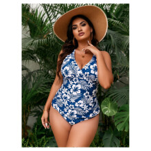 Women's plus size V-neck floral one-piece swimsuit