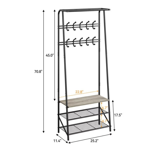 Coat Rack Shoe Bench Gray Metal Frame 10 Hooks 1