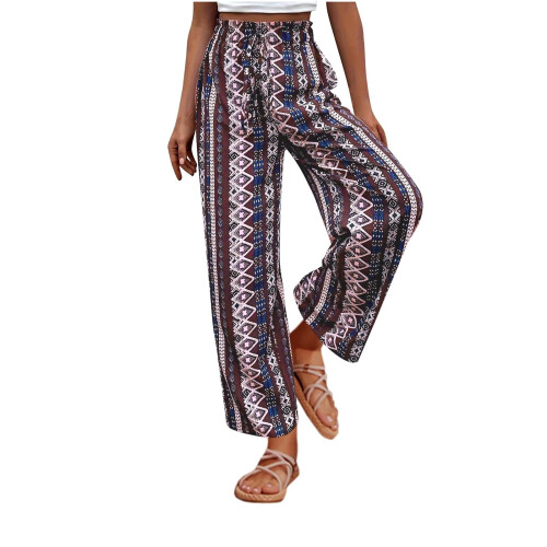 Calça feminina retrô de pernas largas com cintura alta e elástico. 1