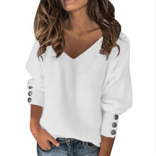 Sweaters for Women,Sweater Women Pure Color V Neck Button Knit Winter Blouse for Fashion Top,Womens Sweaters,Z03 White,S