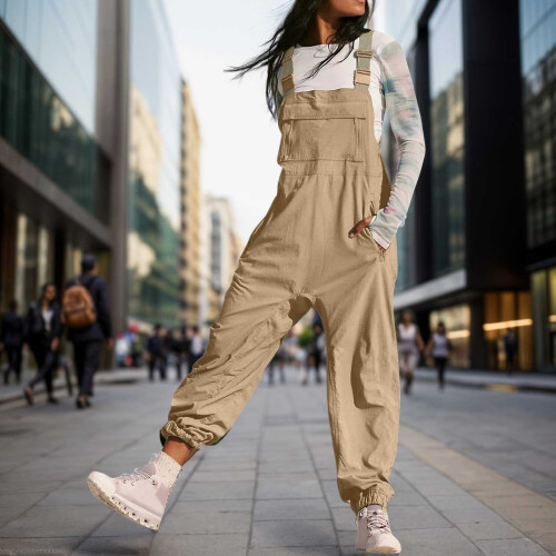 Women's Solid Work Overalls with Pockets, Casual Jumpsuit