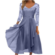 Vestido largo de gasa y encaje para mujer, elegante y formal, con mangas cortas.
