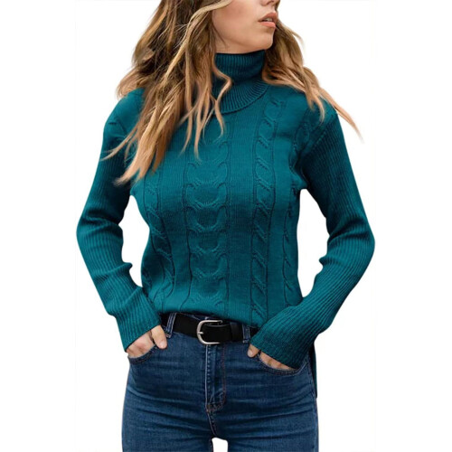 Women's Cable Knit Turtleneck Sweater Blue XS