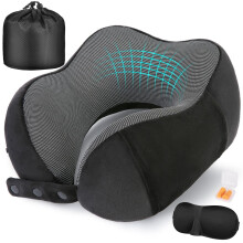 Travel Neck Pillow with Flat-Back Design, Memory Foam, Adjustable Head & Chin Support, Includes Carry Bag, Eye Mask & Earplugs, Black