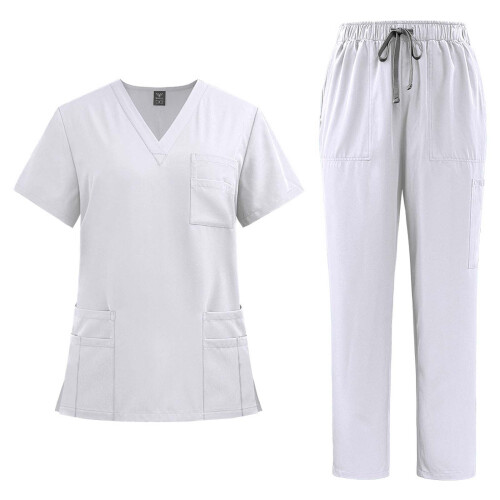 Women's Solid Scrubs Set White V-Neck Top and Drawstring
