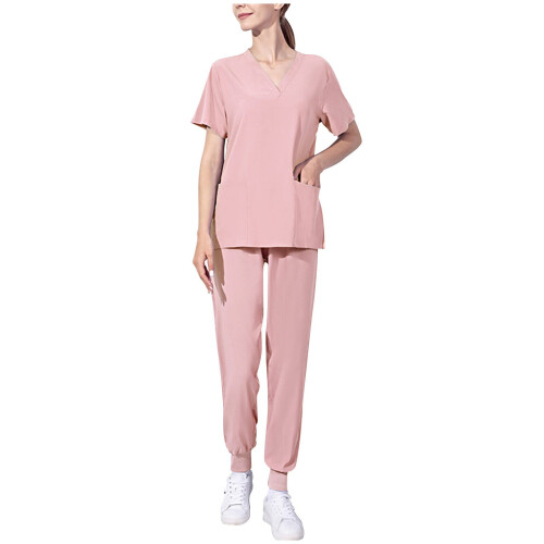 Women's Jogger Scrubs Short-Sleeve Solid Pink 3X