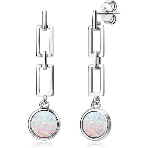 18K White Gold Plated Opal Dangle Earrings 925 Silver