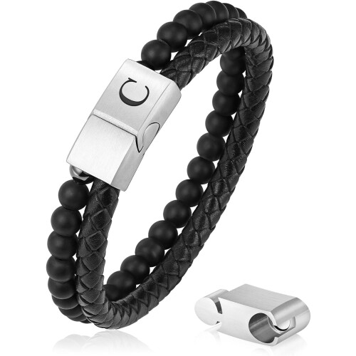 Men's Beaded Leather Initial Bracelet with Matte Agate