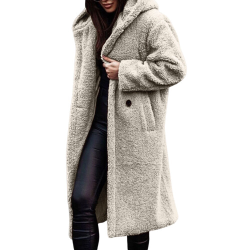 Abrigo largo de invierno abrigado con capucha de forro polar para mujer.