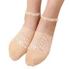 Chaussettes ballerines en dentelle perlée pour femmes, beige, lot de 3 paires