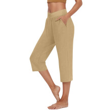 Calça Capri Feminina para Yoga, Cor Sólida, Cintura Média e Pernas Largas