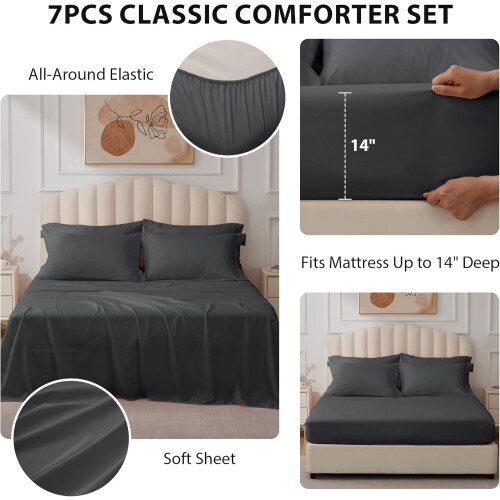 Ensemble de couette gris foncé 7 pièces, literie douce 1