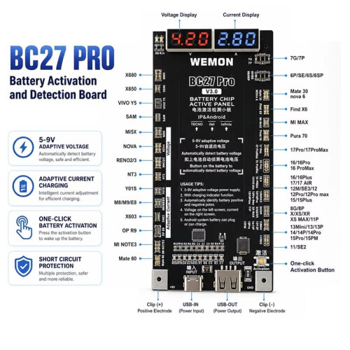 WEMON BC27 Pro Mobile Phone Battery Activation Board Voltage Current Test Charging Detector for IPhone17 Android Repair 1