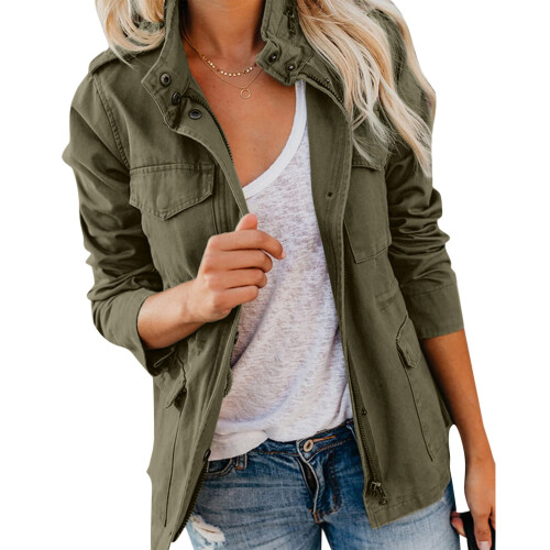 Jaqueta Cargo Feminina Lisa Oversized com Zíper e Múltiplos Detalhes 1