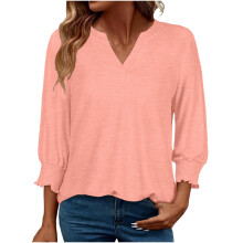 Chemisier à manches bouffantes pour femme, coupe décontractée, col en V, manches 3/4 à poignets volantés, rose, taille 2XL