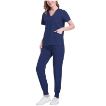 Women's Solid Navy Scrubs Set V-Neck Top and Ankle-Cuff