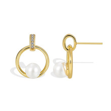 Gold Plated Round Pearl Drop Earrings for Women