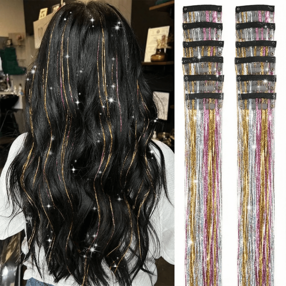 Glitter Hair Tinsel Clips 20 Inch Pack of 12