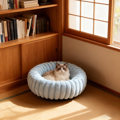 Cama redonda para animais de estimação, lavável, antiderrapante, 40 cm (16 polegadas), azul. 1