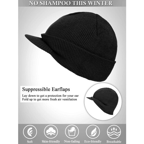 Herren-Winterstrickmütze mit Krempe, Schwarz/Hellgrau 2