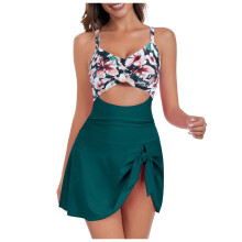 Women's V-neck cutout one-piece swimdress with wrap tie back