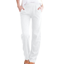 Womens Pants with Elastic Waist, Relaxed Fit Pull-On Straight Leg Lounge & Casual Everyday Pants for Women in White, Cotton Blend with Pockets,Size S