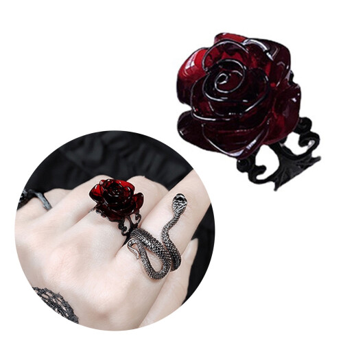 Rød Rose Justerbar Åben Ring til Kvinder Gotisk Blomsterdesign 1