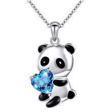 Panda Necklace Silver Plated Colorful Heart CZ Dainty Choker