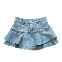 Women's denim A-line skirt with ruffle pleats, low waist