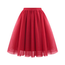 Women's high-waisted layered tulle midi skirt, wine, L