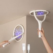 Electric fly swatter with rotating head and telescopic rod