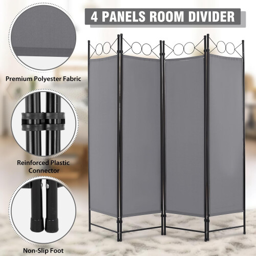 Fabric Room Divider Grey Folding 4-Panel Freestanding 1