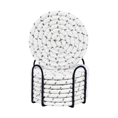 Conjunto de 8 porta-copos de algodão trançado com suporte.