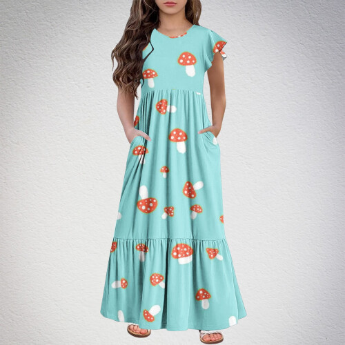 Mikilon Mädchen-Maxikleid mit Blumenmuster, langen Ärmeln und Taschen 1