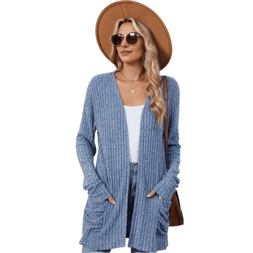 Women's brushed knit cardigan long open front blue 1