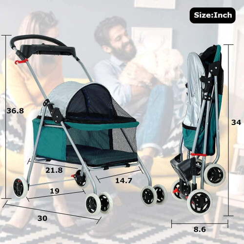 Lightweight folding dog stroller 4-wheel waterproof for 2